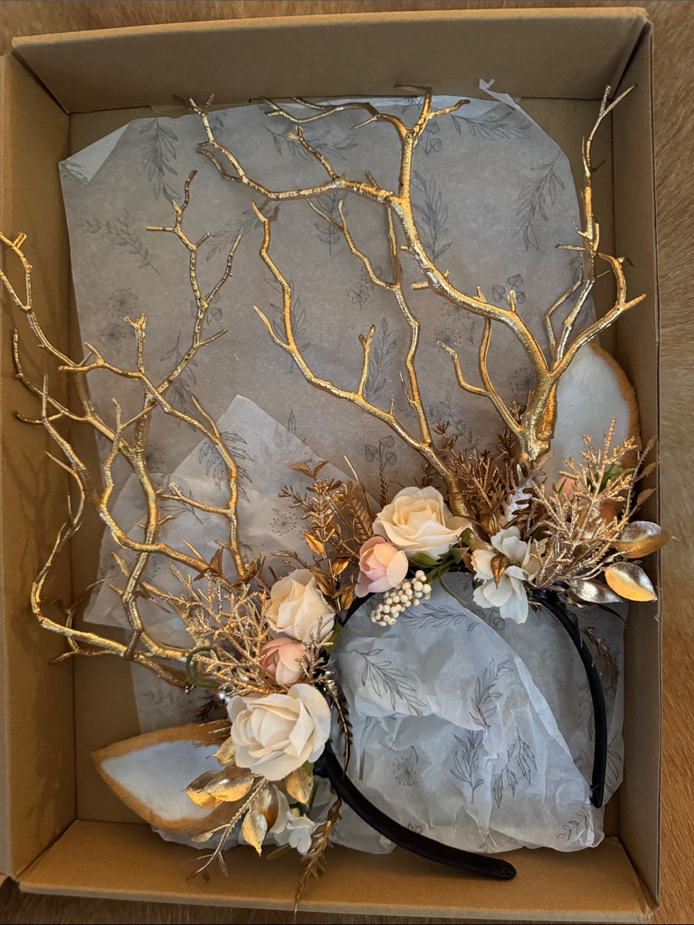Gold Floral Branch Headband with Cream Flowers and deer’s ears-adult size